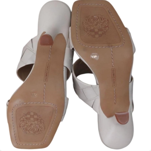 Vince Camuto Woven Leather Heeled Mules | White Wedding Special Occasion Sandals - Picture 7 of 9